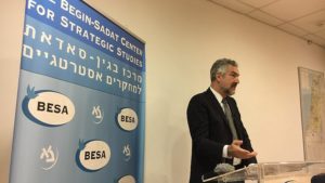 Daniel Pipes delivering his remarks at the Begin-Sadat Center for Strategic Studies Nov. 27, 2018. Credit: Josh Hasten