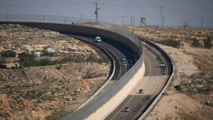 View of Route 4370, northeast of Jerusalem, which connects the Geva Binyamin area to Route 1, and separates vehicles of Israeli citizens and non-citizens, Jan. 10, 2019. Photo by Yonatan Sindel/Flash90.