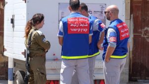 Members of TIPH, or Temporary International Presence speak with Israeli soldier outside the Cave of the Patriarchs in Hebron on August 8, 2018. Photo by Gershon Elinson/Flash90.