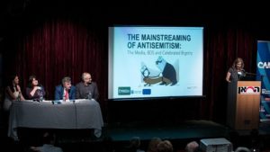 A panel of experts from the Jerusalem Center for Public Affairs and the Committee for Accuracy in Middle East Reporting in America (CAMERA) discuss anti-Semitism in the media, campus and public life. Photo by Kineret Rifkind. 