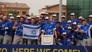 Baseball Team Israel celebrates after qualifying for the 2020 Olympics in Tokyo. Photo by Margo Sugarman. 