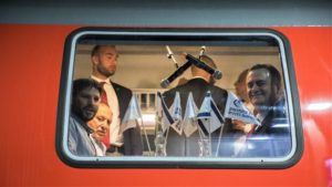 Transportation Minister Bezalel Smotrich on the first ride of the the new high-speed train between Jerusalem and Tel Aviv on Dec. 18, 2019. To help tourists and east local traffic congestion, he announced its future extension to the Old City, February 2020. Photo by Yonatan Sindel/Flash90.