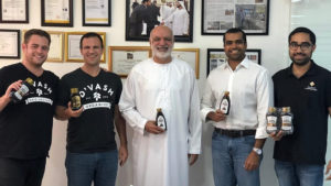 From left: Co-founder of D’vash Organics David Czinn; D’vash Organics co-founder and CEO Brian Finkel; Mohamed Saleem, founder and owner of Al Barakah; Yousuf Saleem, Mohamed’s older son and managing director of Al Barakah; and Mohamed’s younger son, Abdulkarim Saleem. Photo by Mubarak Taj.