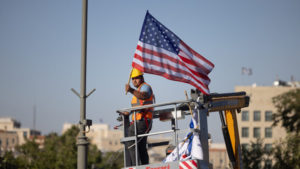 American flags being hung in Jerusalem ahead of U.S. President Biden's Israel visit, July 10, 2022. Photo by Yonatan Sindel/Flash90.