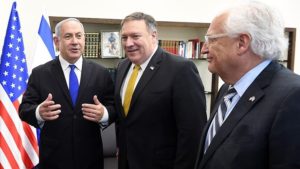 Prime Minister Benjamin Netanyahu with then-U.S. Secretary of State Mike Pompeo (center) and then-American Ambassador David Friedman, April 2018. Credit: U.S. Embassy in Israel.