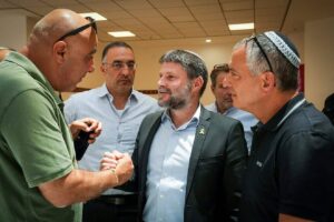 Finance Minister and Religious Zionism Party head Bezalel Smotrich holds a faction meeting in northern Israel, May 19, 2024. Photo by Ayal Margolin/Flash90.